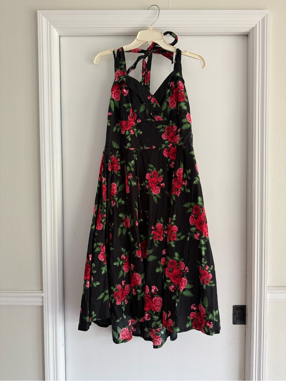 Black Floral Midi Dress with Red Roses